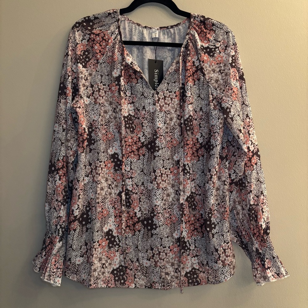 NWT SimpleFun Women’s Boho Floral V Neck Long-seeve Summer Blouse Size L